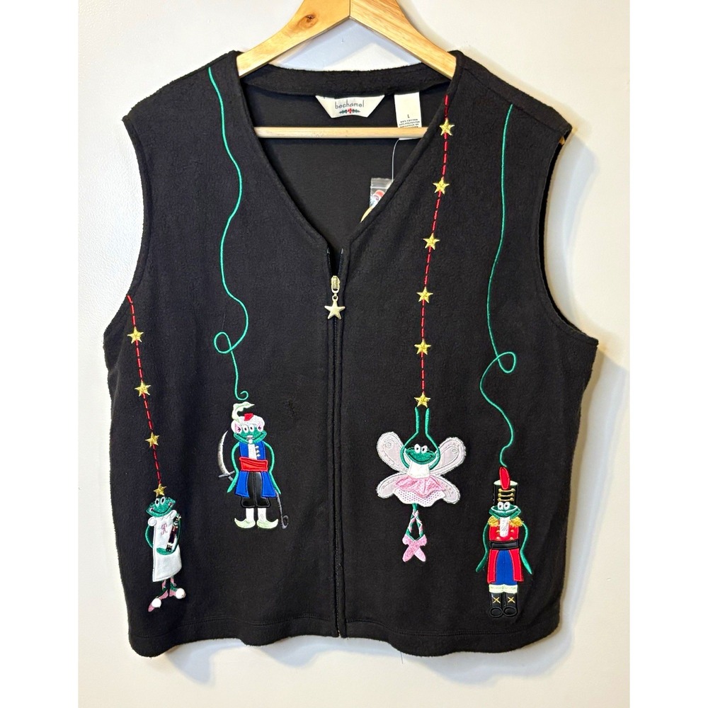 Bechamel Vintage "Nutcracker Frog"Women's Embroidered Christmas Vest Size L NWT